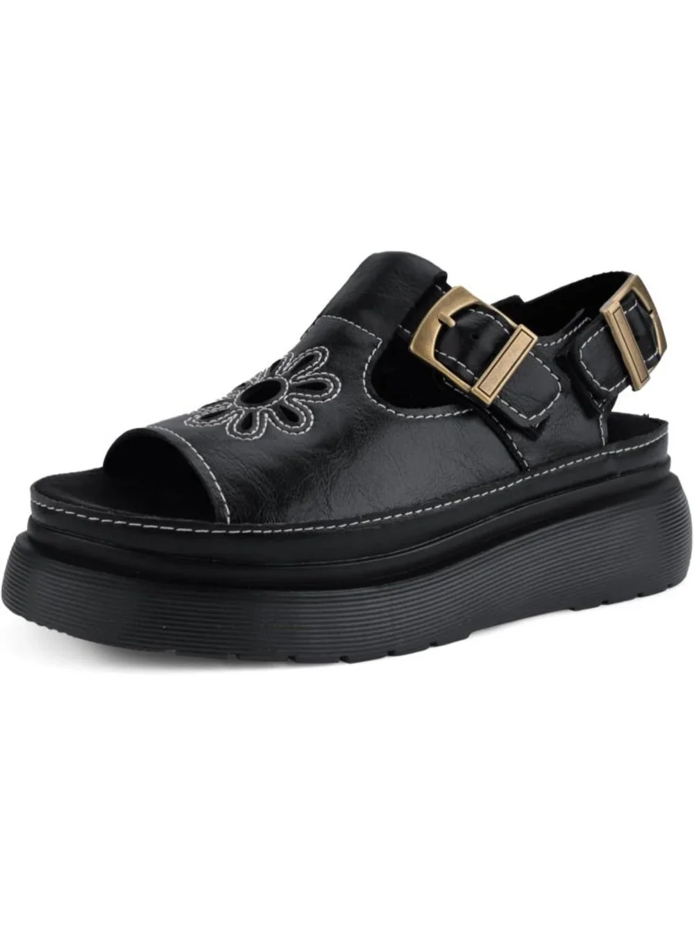 Women's Black Flat Open Toe Flower Decoration Fisherman Platform Sandal Shoes